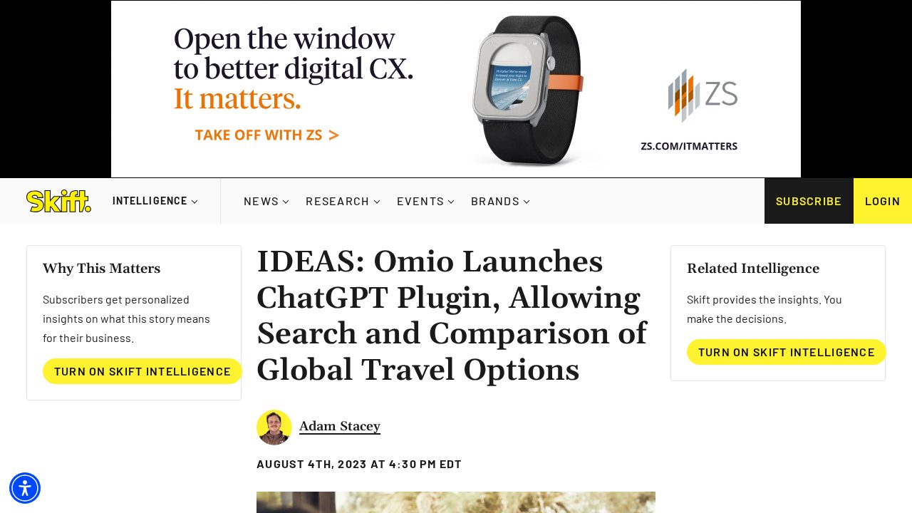 Screenshot of Skift coverage: Omio Launches Plugin For ChatGPT
