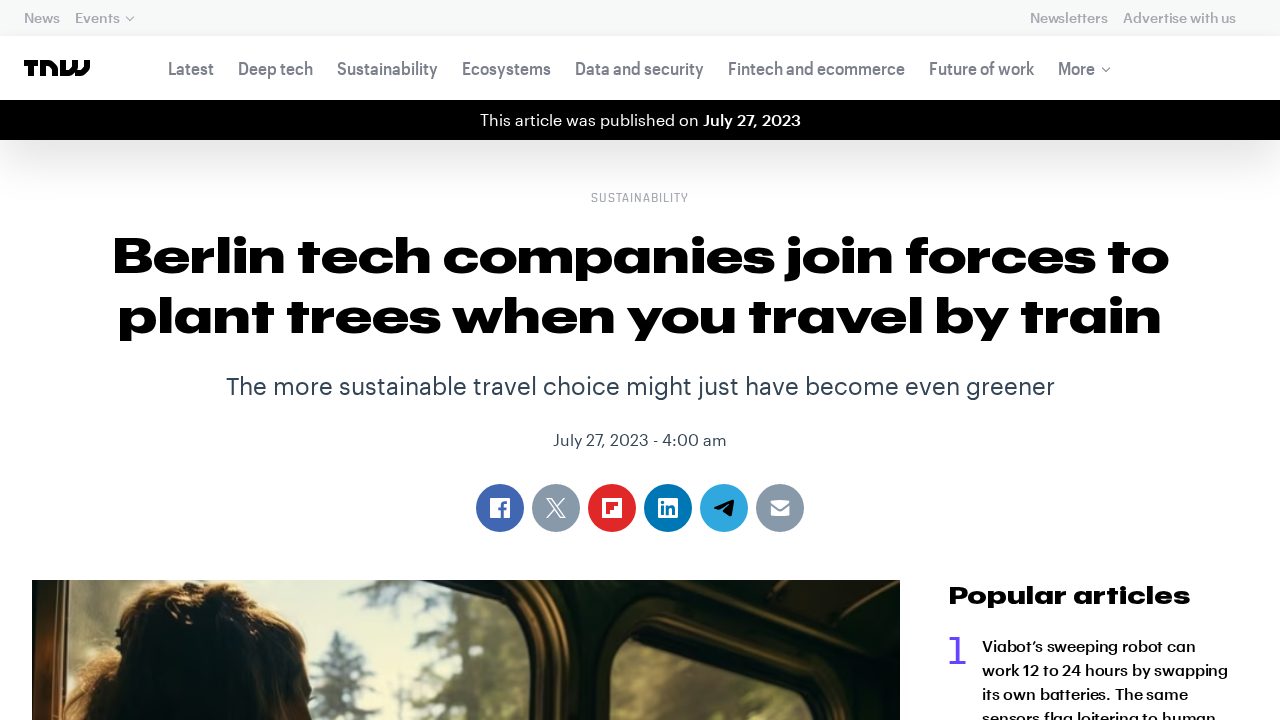 Screenshot of The Next Web coverage: Berlin tech companies join forces to plant trees when you travel by train